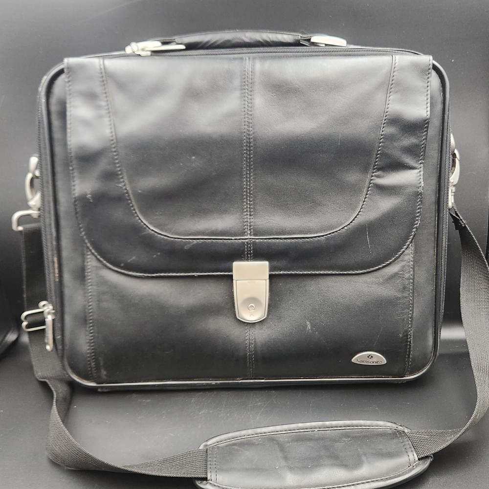 Samsonite Leather Laptop Briefcase 17" Black Messenger Bag‎ Work Travel
